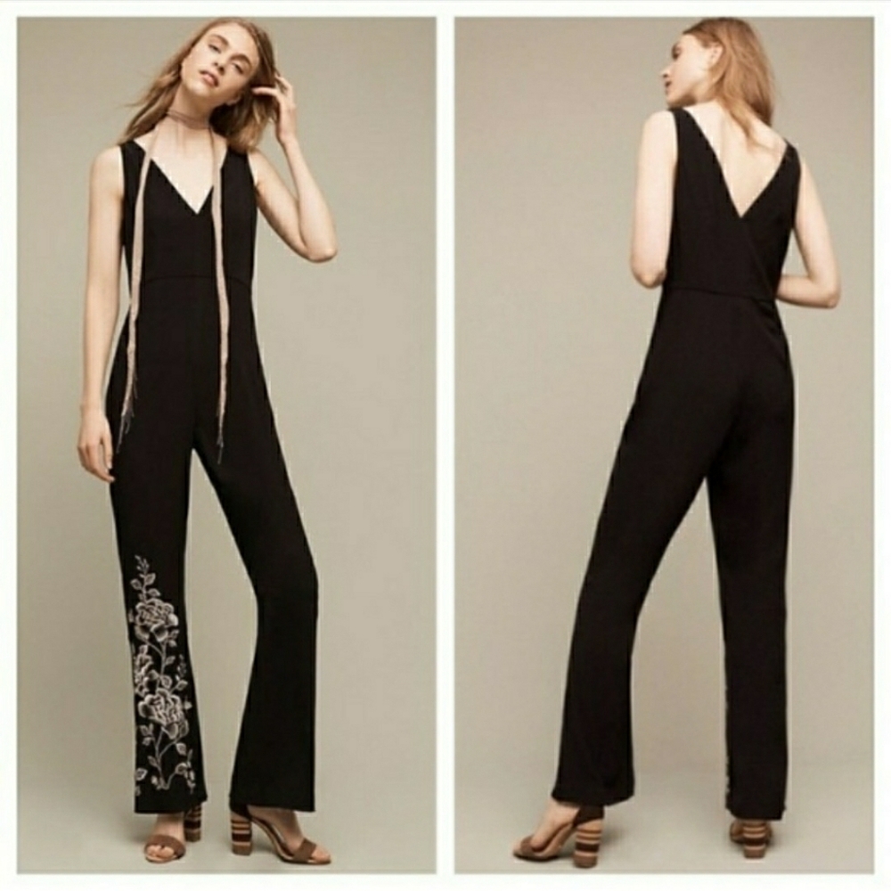 Anthropologie Black Jumpsuit w/ Floral Detail